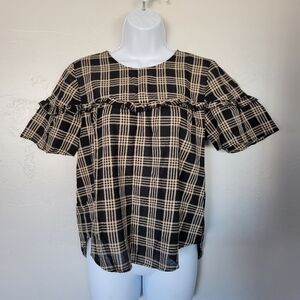 Madewell Black Tan Cream Plaid Short Sleeve Blouse Ruffle Trim Small Holiday Top